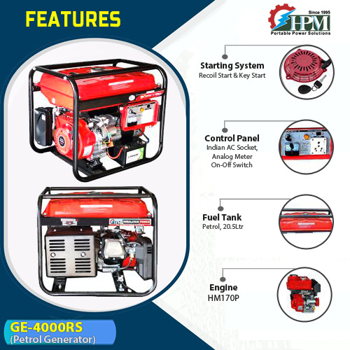 3.5 KVA smart Portable Generator, Petrol Run, WITH Recoil & Self Start Model GE-4000RS,